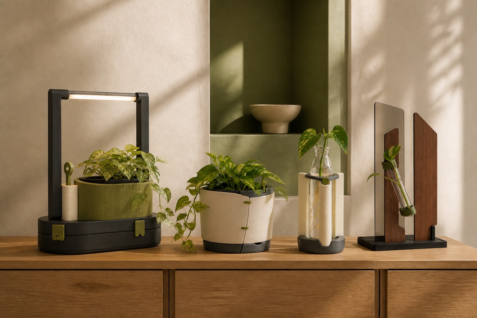 小坪數玄關以燈光、植物盆器與托盤進行軟裝佈置