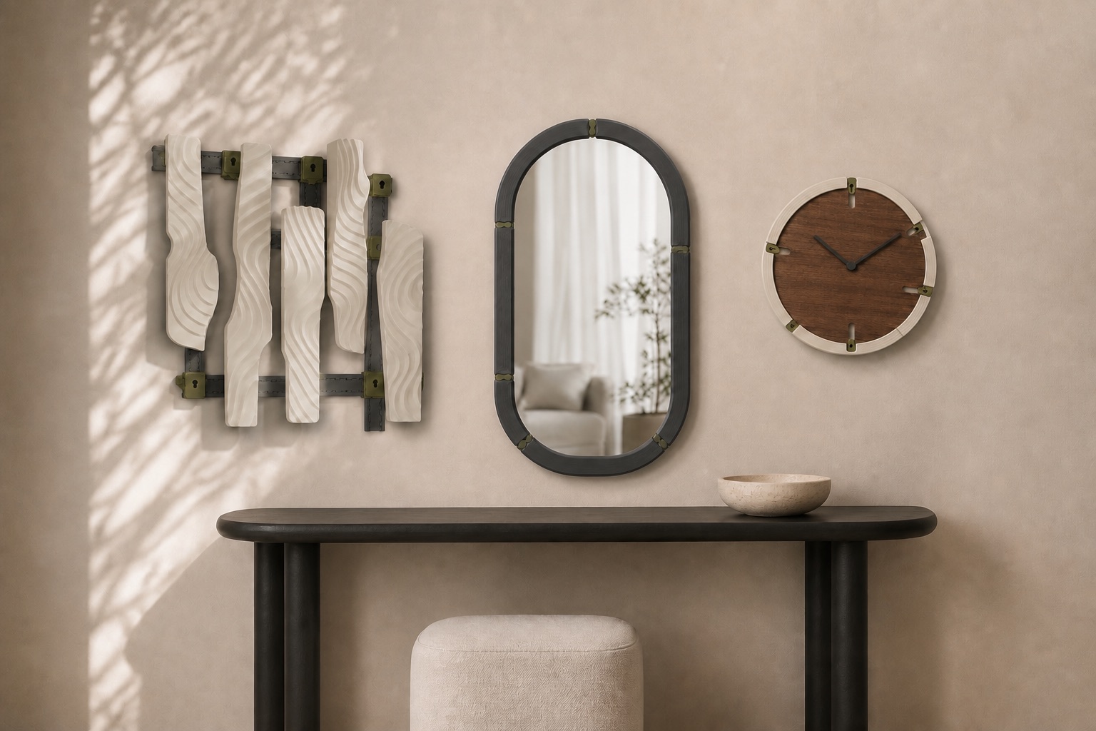 RELIEF 01、MIRROR 01 與 TIME 01 依家具尺度配置的玄關牆面概念