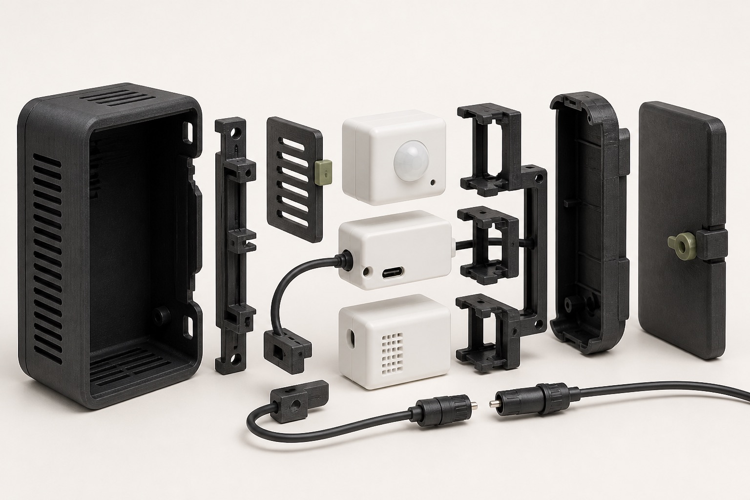 市售封裝低電壓感應器與 LUFORME 3D 列印轉接外殼爆炸結構概念視覺